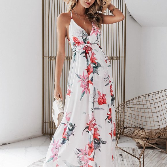 New Floral Print Backless Wrap Split Slip Dress - Picture 6 of 7